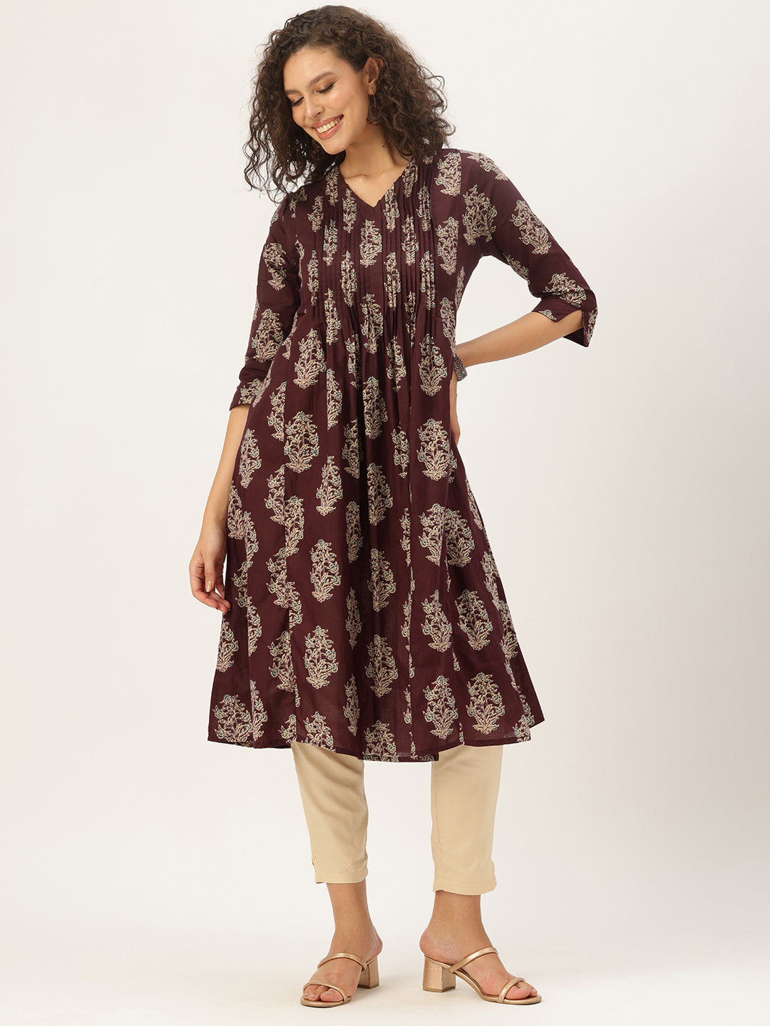 Maroon Pure Cotton Floral Printed A-Line Kurta
