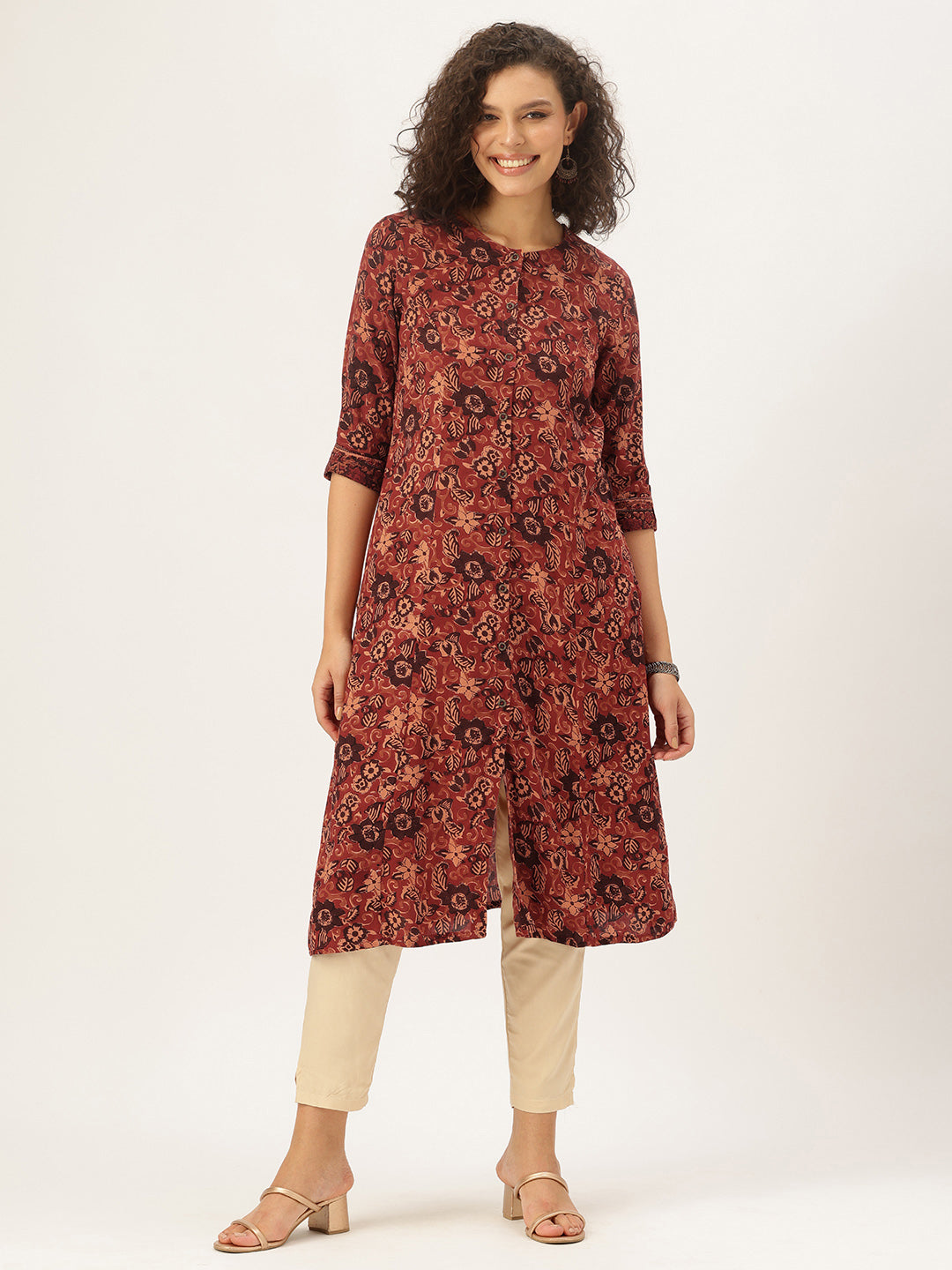 Orange Floral Printed A-Line Kurta
