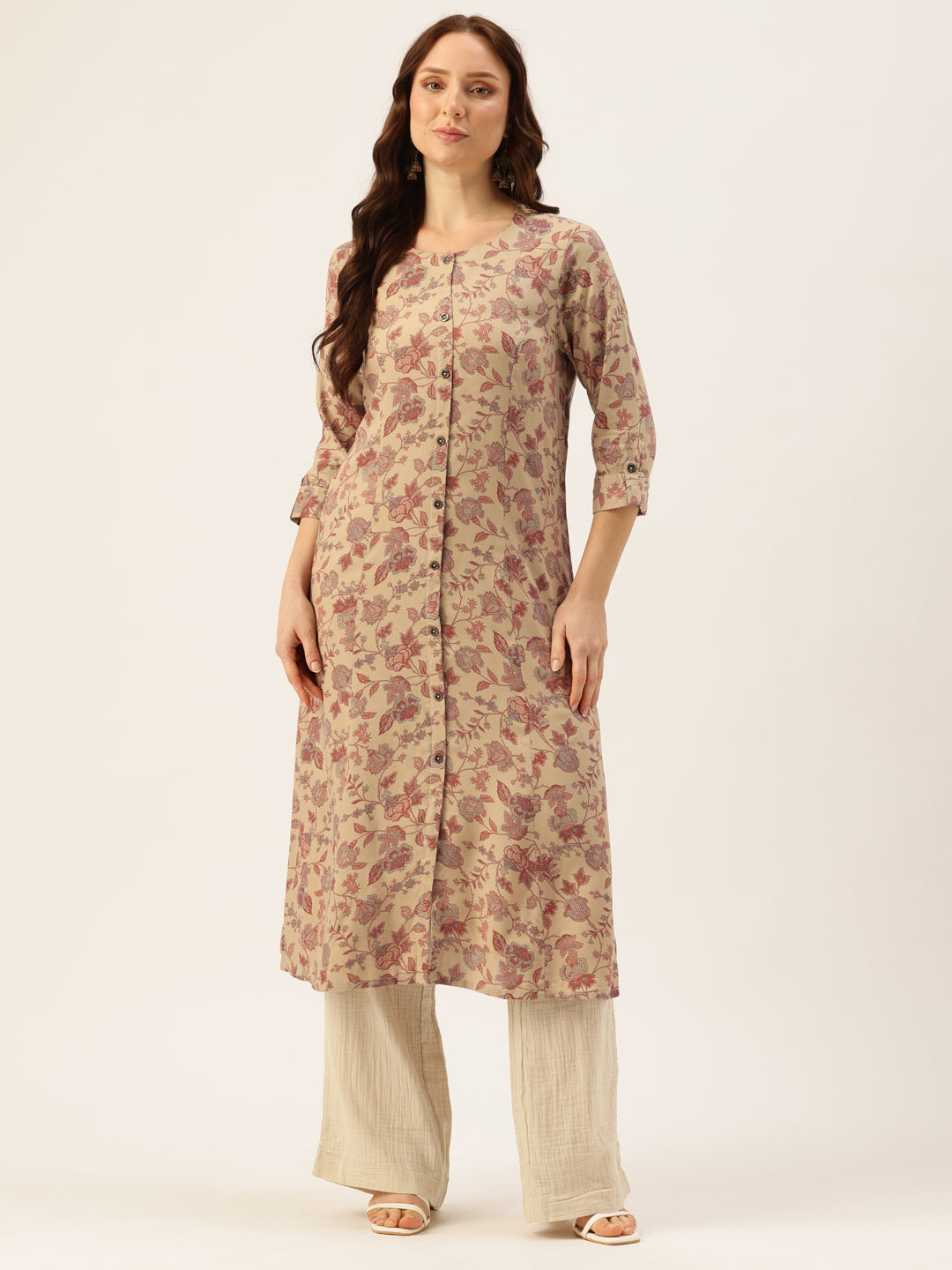 Beige Floral Printed A-Line Kurta, Floral printed Kurta, Beige Color Kurta, A-Line Kurta, Office Wear Kurta, Printed Kurta