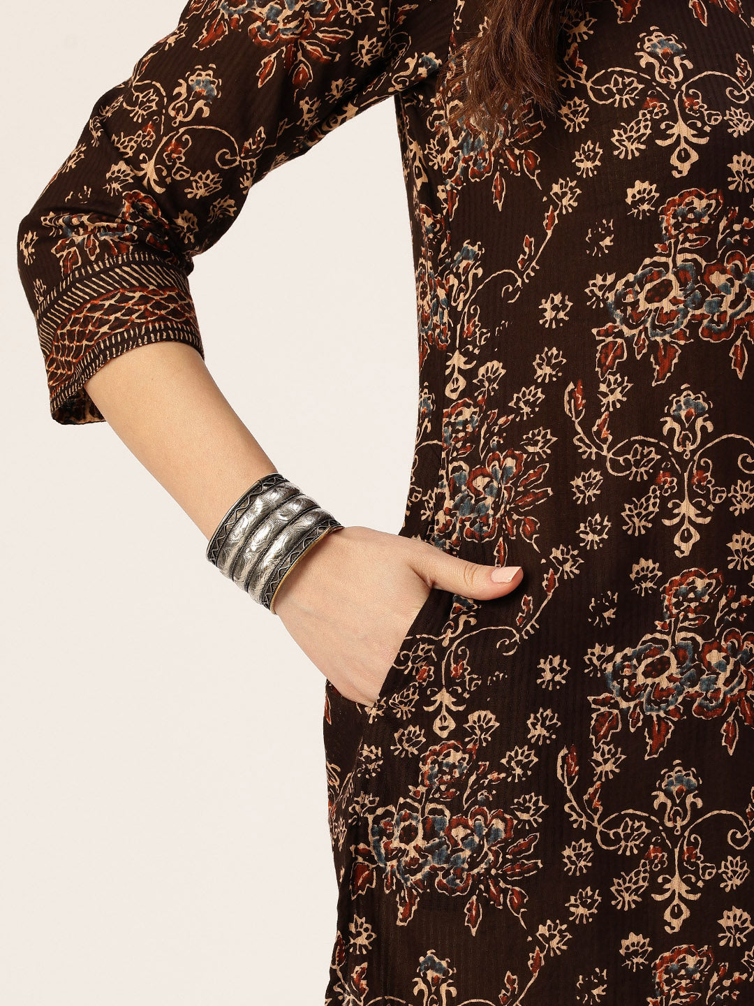 Black Floral Printed Mandarin Collar Pure Cotton Kurta