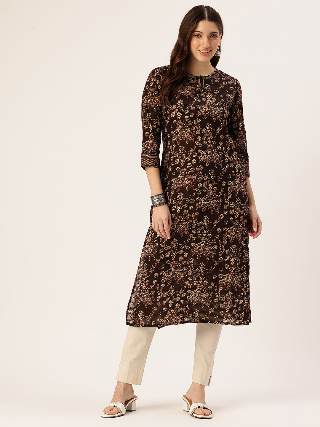 Black Floral Printed Mandarin Collar Pure Cotton Kurta