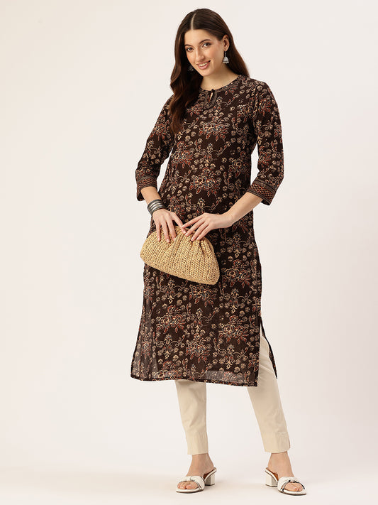 Black Floral Printed Mandarin Collar Pure Cotton Kurta