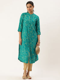Teal Blue Abstract Printed A-Line Kurta