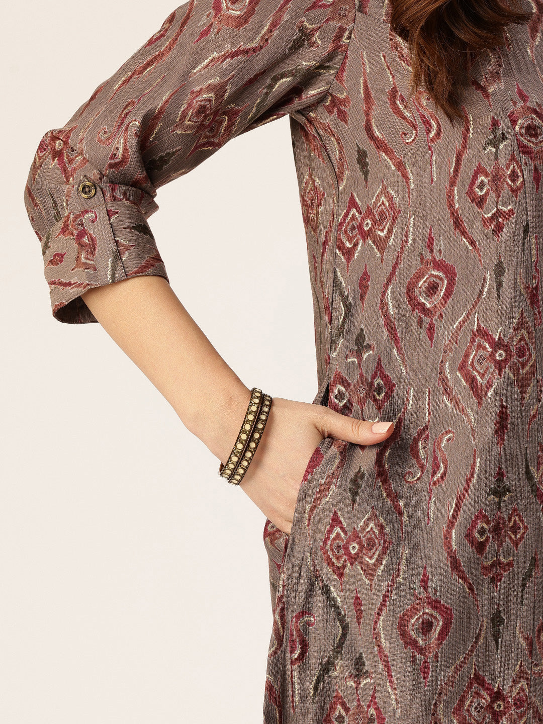Grey Ethnic Motifs Printed Mandarin Collar Kurta