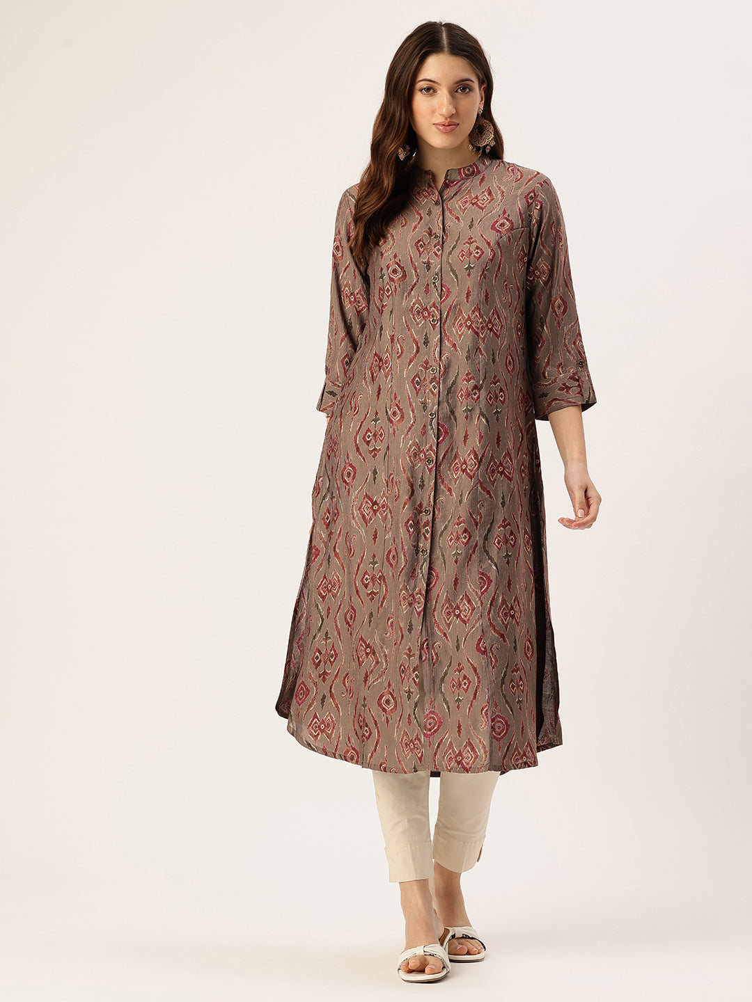 Grey Ethnic Motifs Printed Mandarin Collar Kurta