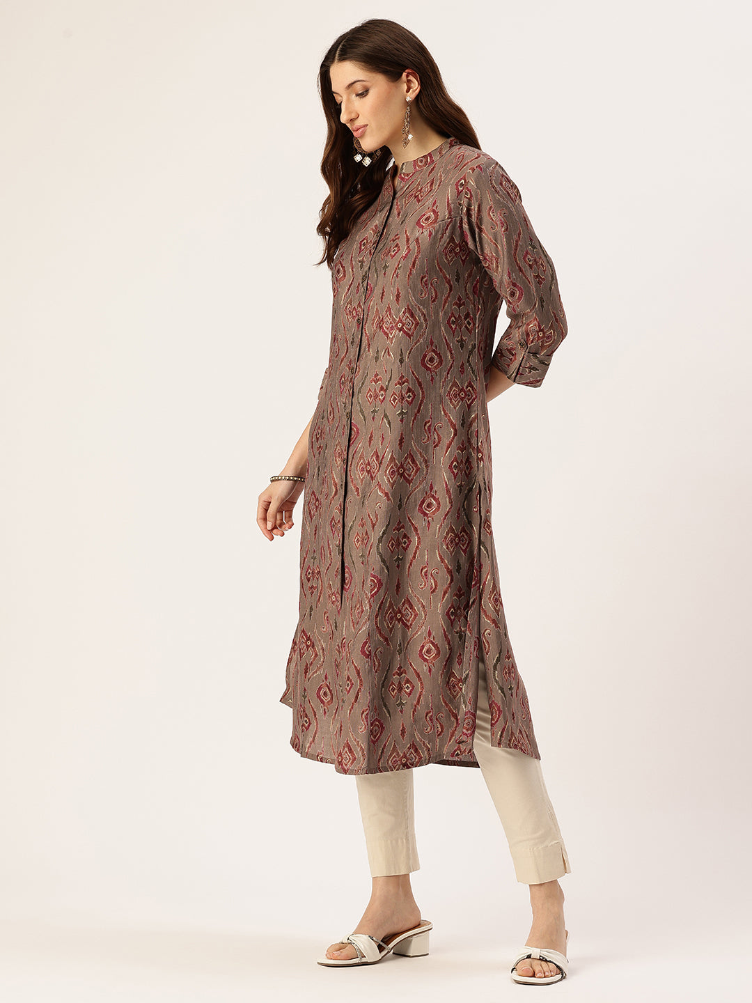 Grey Ethnic Motifs Printed Mandarin Collar Kurta