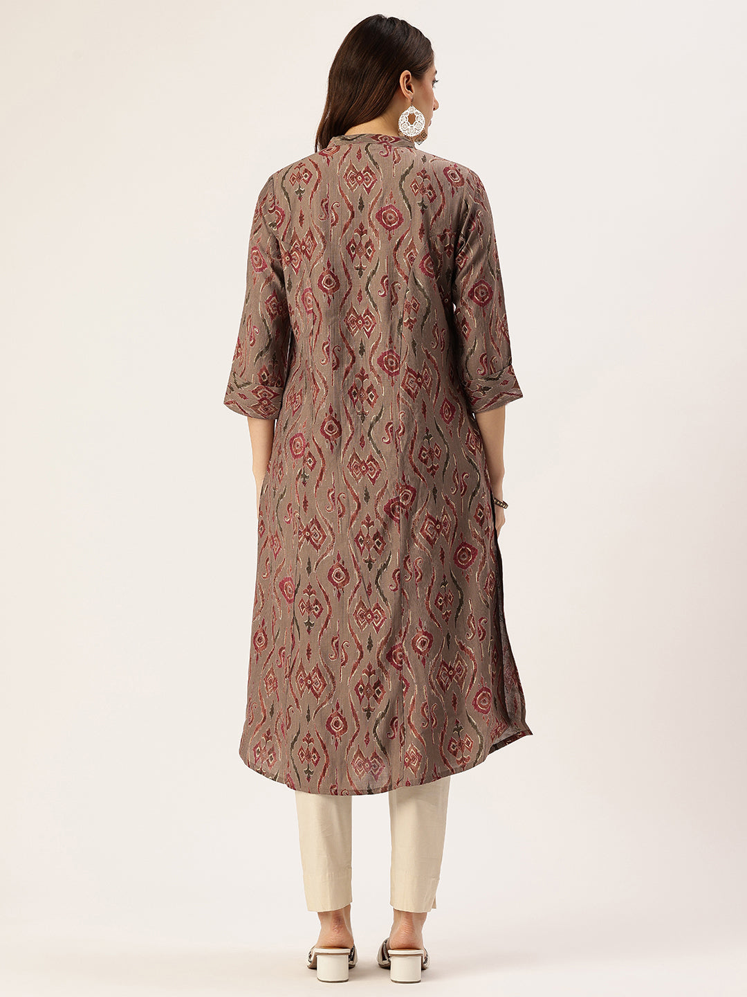 Grey Ethnic Motifs Printed Mandarin Collar Kurta