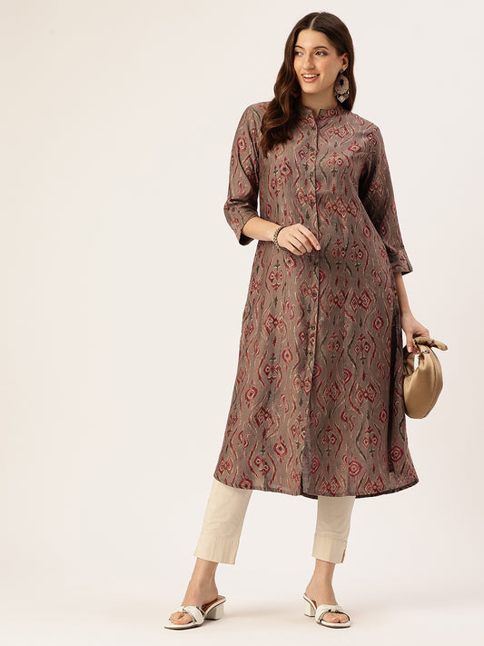 Grey Ethnic Motifs Printed Mandarin Collar Kurta