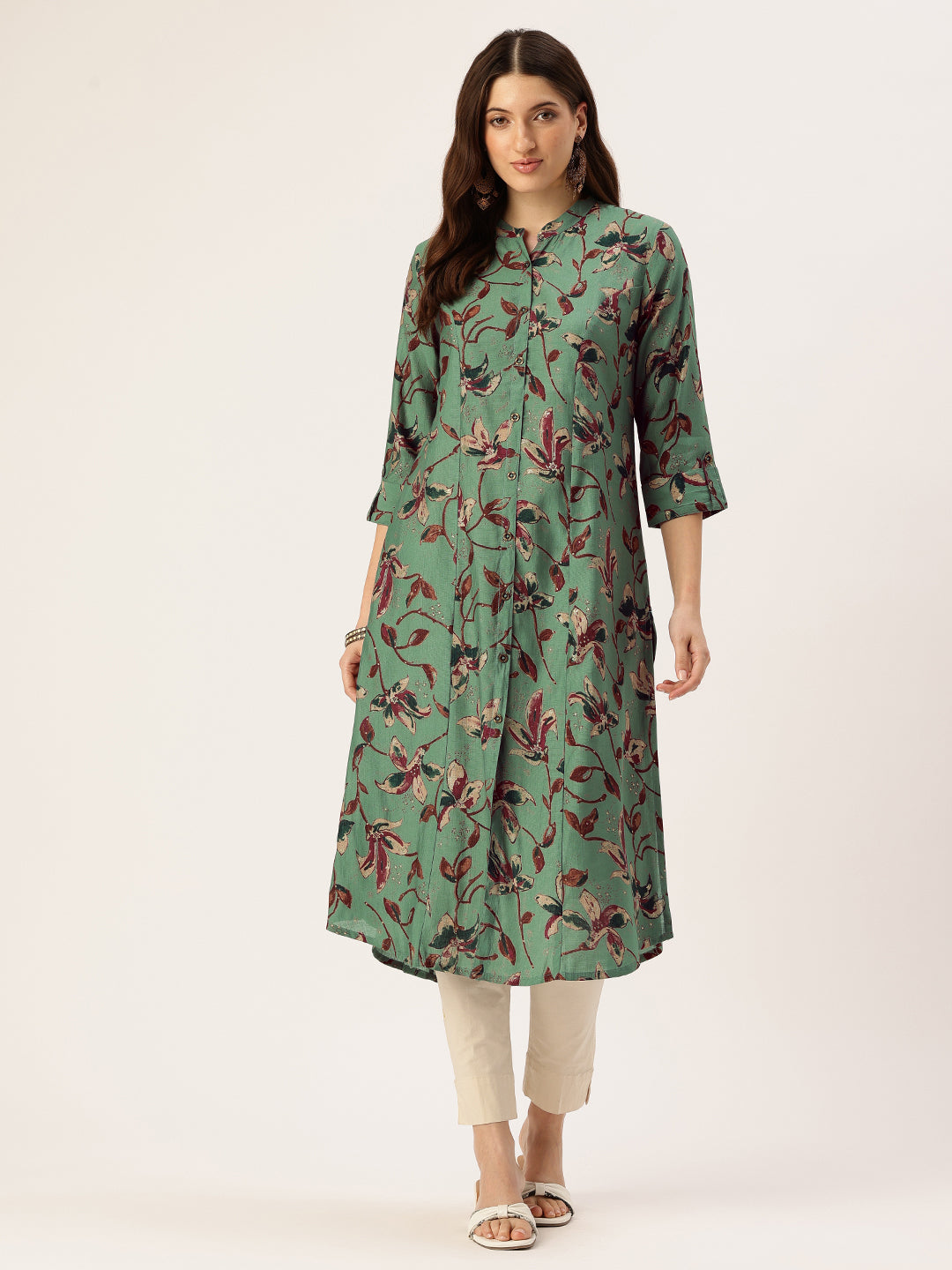 Green Floral Printed Mandarin Collar Kurta