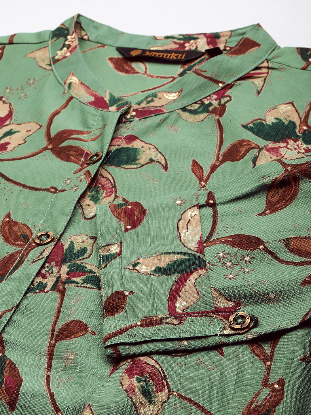 Green Floral Printed Mandarin Collar Kurta