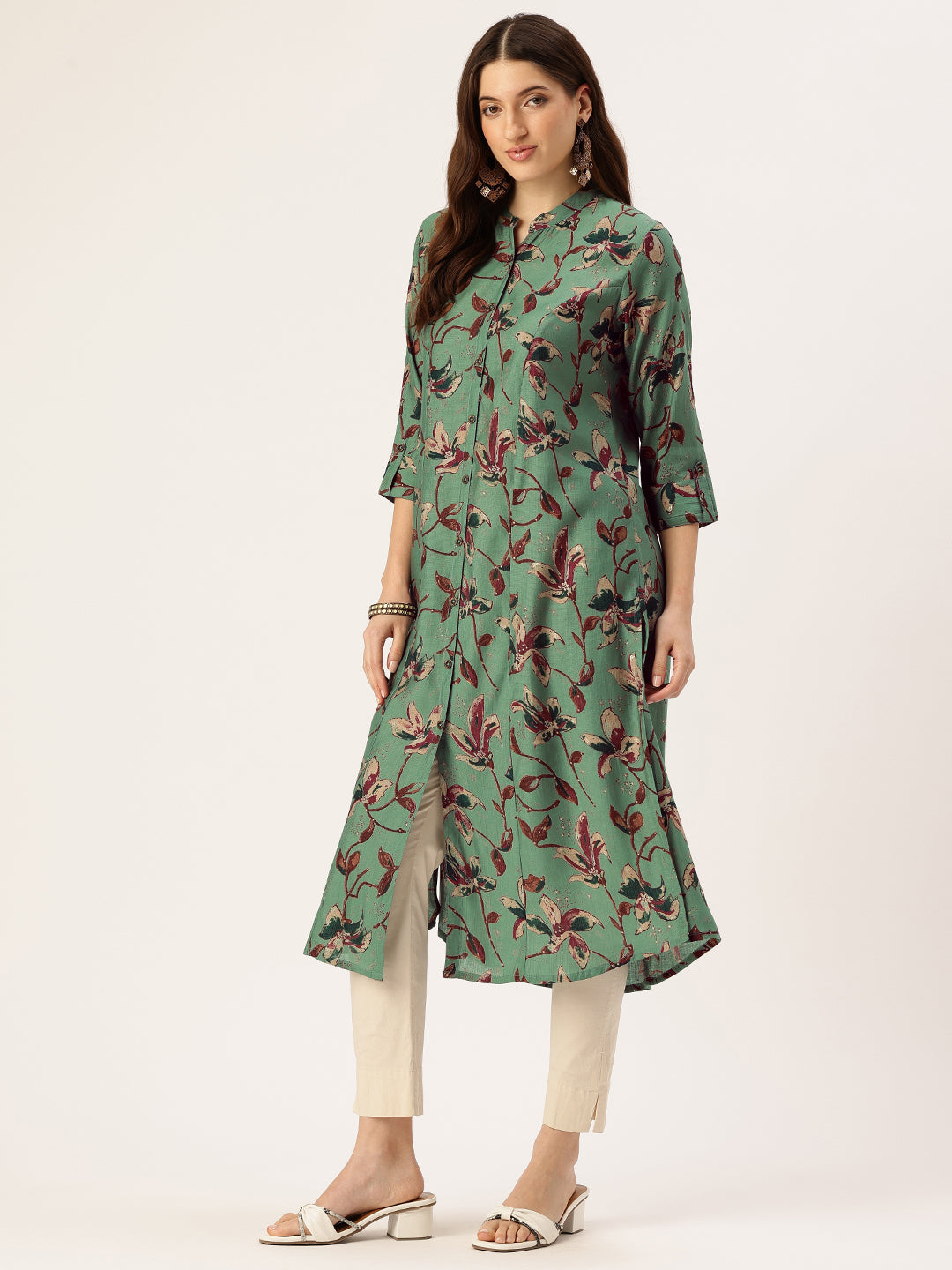Green Floral Printed Mandarin Collar Kurta