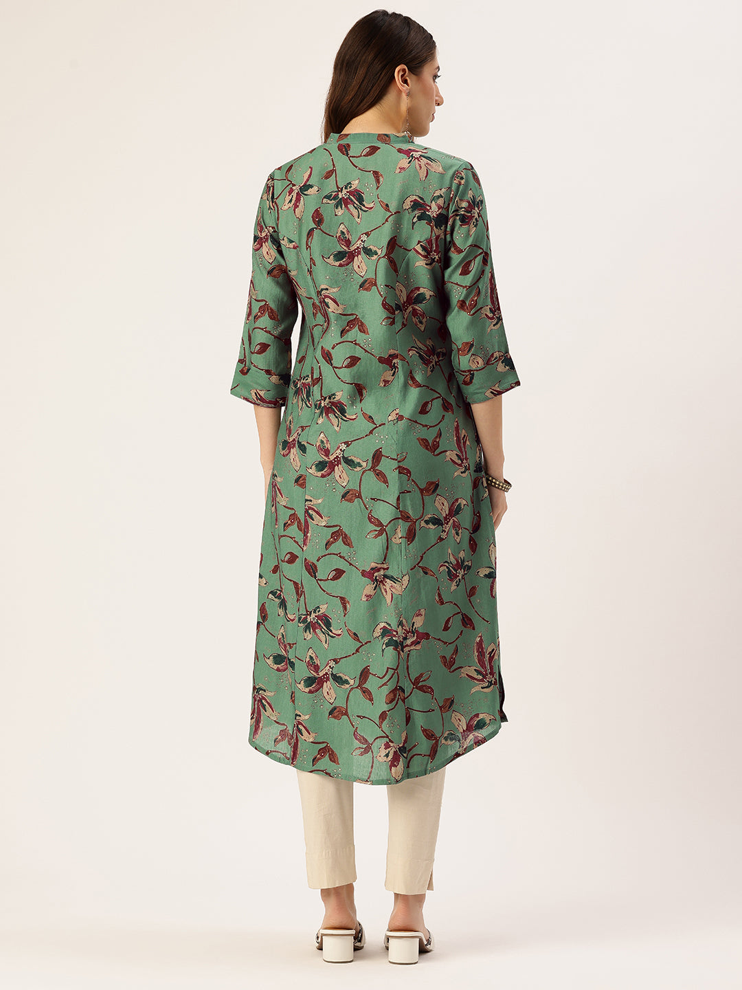 Green Floral Printed Mandarin Collar Kurta