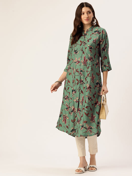 Green Floral Printed Mandarin Collar Kurta