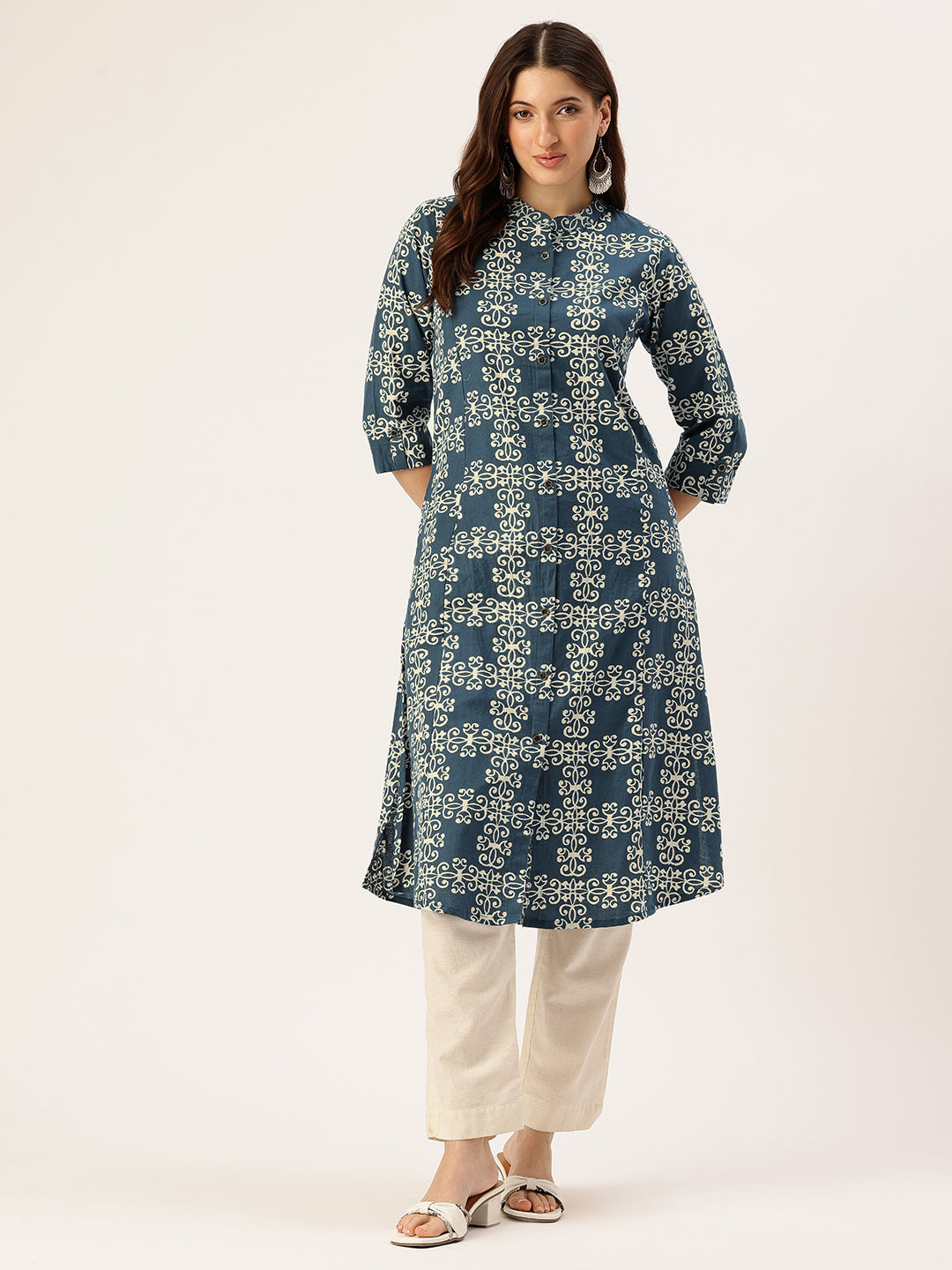 Blue Ethnic Motifs Printed A Line Kurta