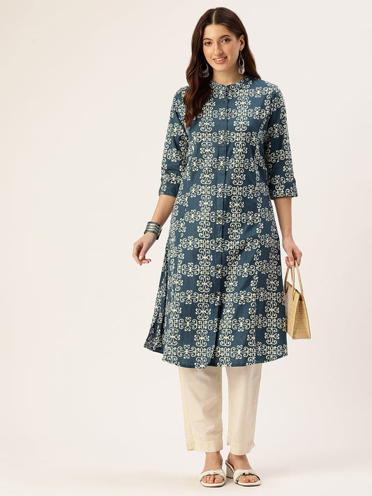 Blue Ethnic Motifs Printed A Line Kurta