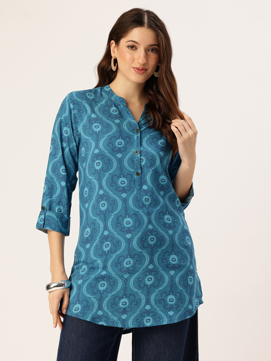 Blue Ethnic Printed Mandarin Collar Tunic, Short Kurta, Short Top, Blue Short Kurta, Ethnic Short Kurta, Printed Short Kurta