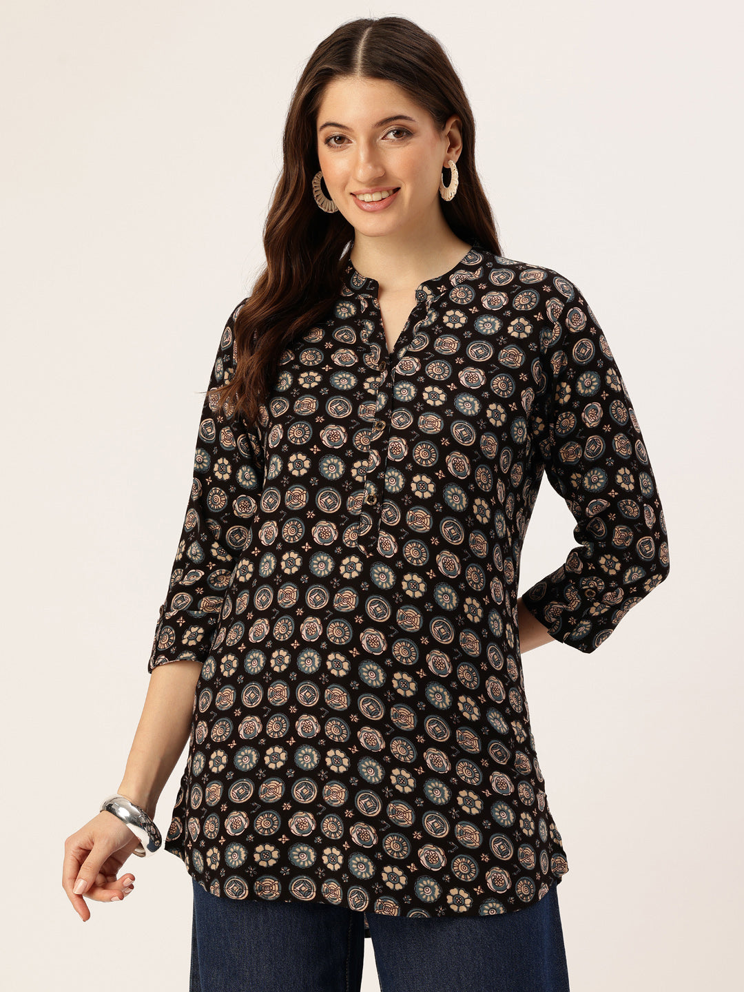 Black Geometric Printed Mandarin Collar Tunic, Short Top, Short Kurta, Ethnic Short Top, Black Band Collar, Printed short kurta