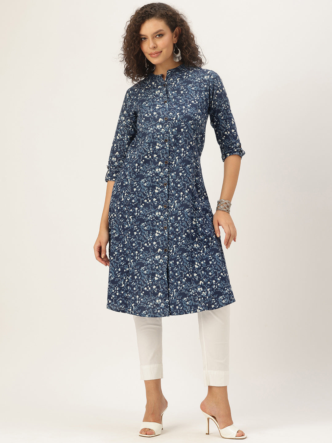 Blue Indigo Printed Mandarin Collar A-Line Kurta