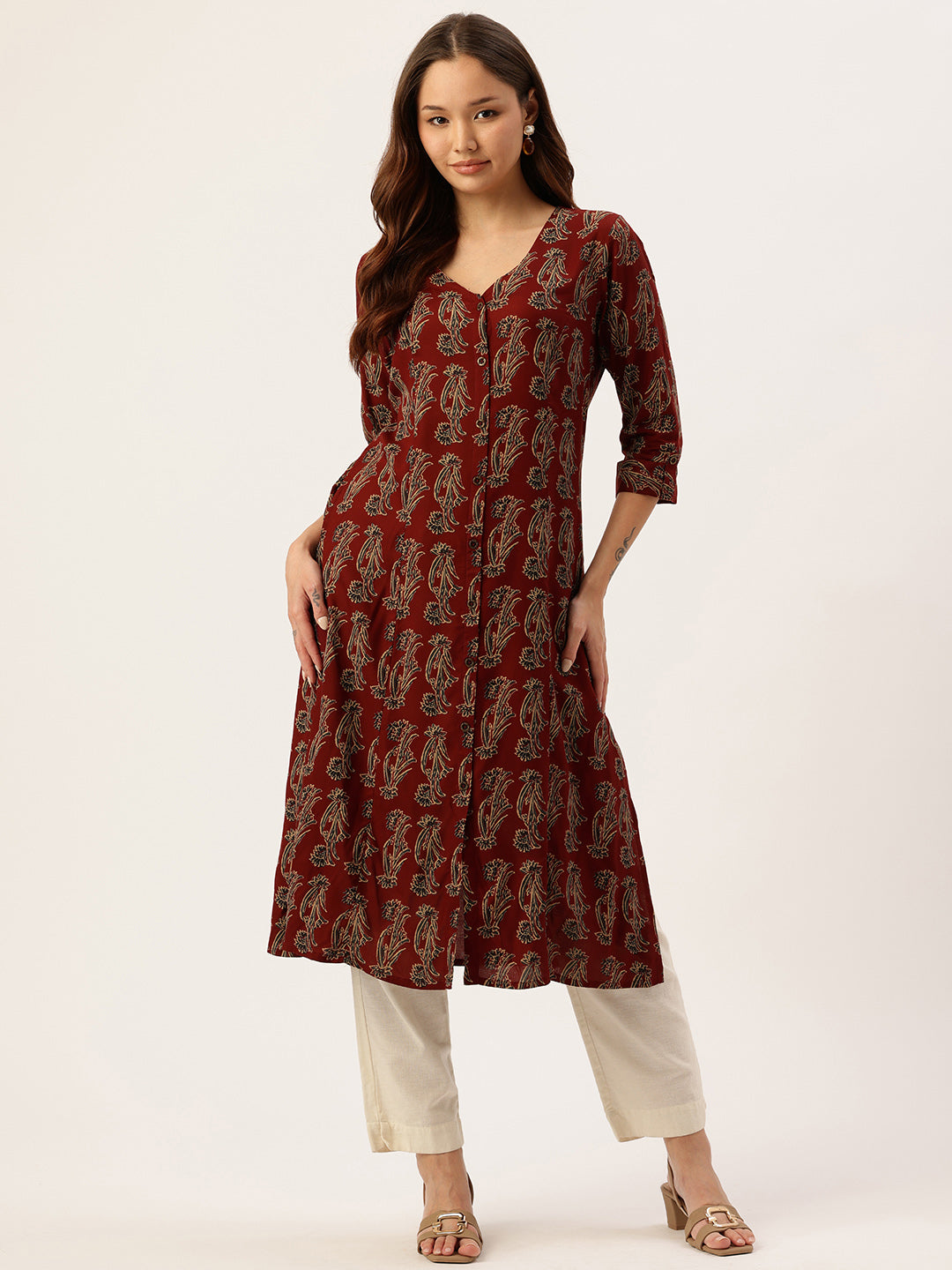 Rust Ethnic Motifs Printed A-Line Kurta, Red Kurta, V-neck, A-line Kurta