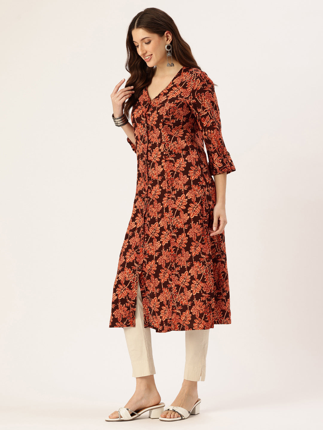 Black Floral Printed V-Neck Kurta