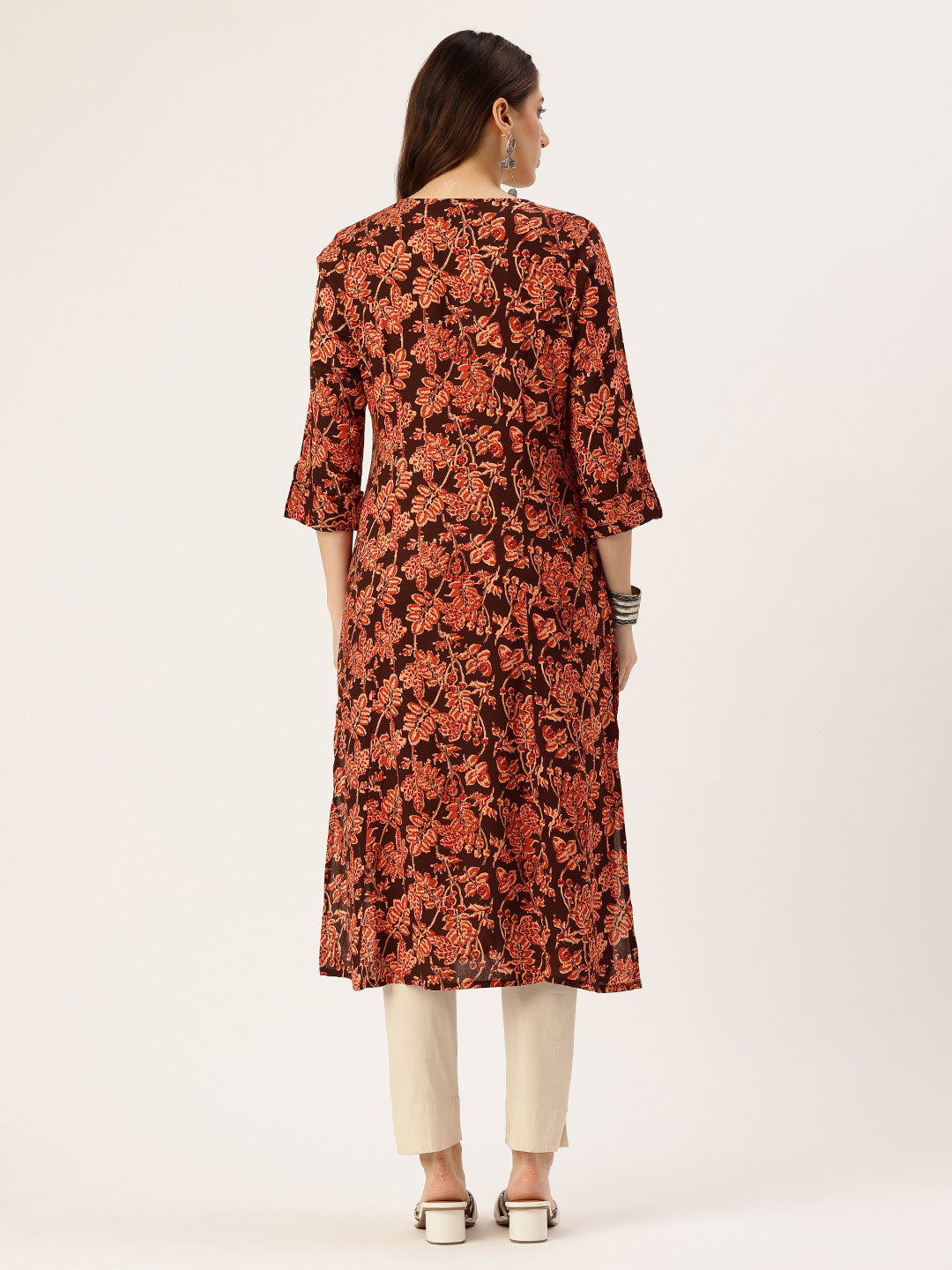 Black Floral Printed V-Neck Kurta