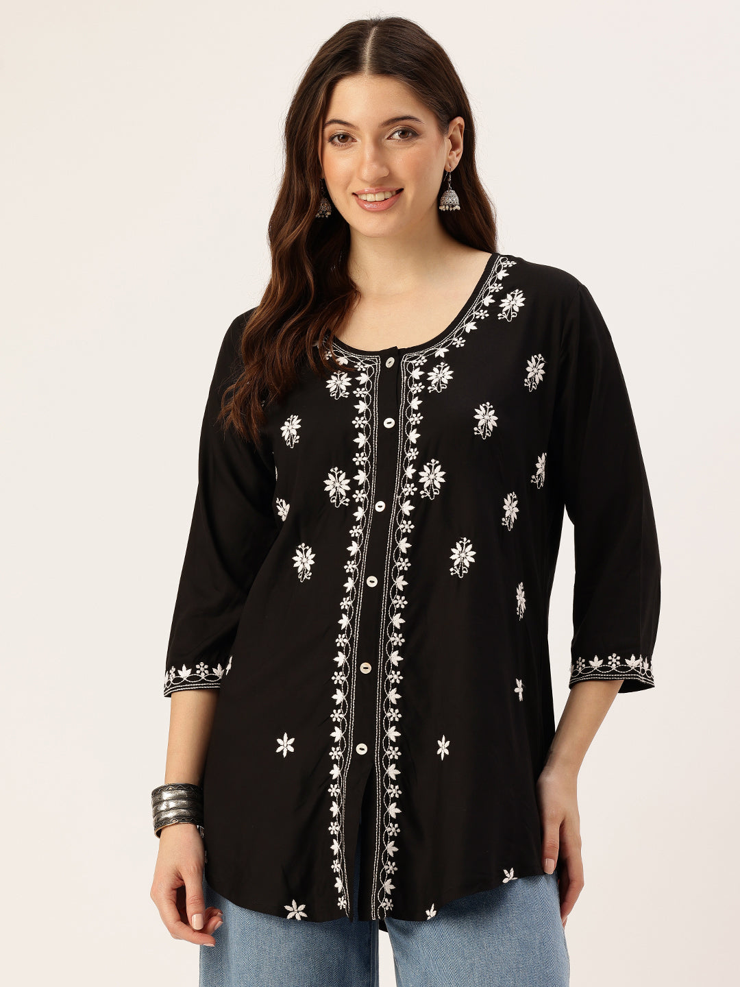 Black Floral Embroidered Tunic
