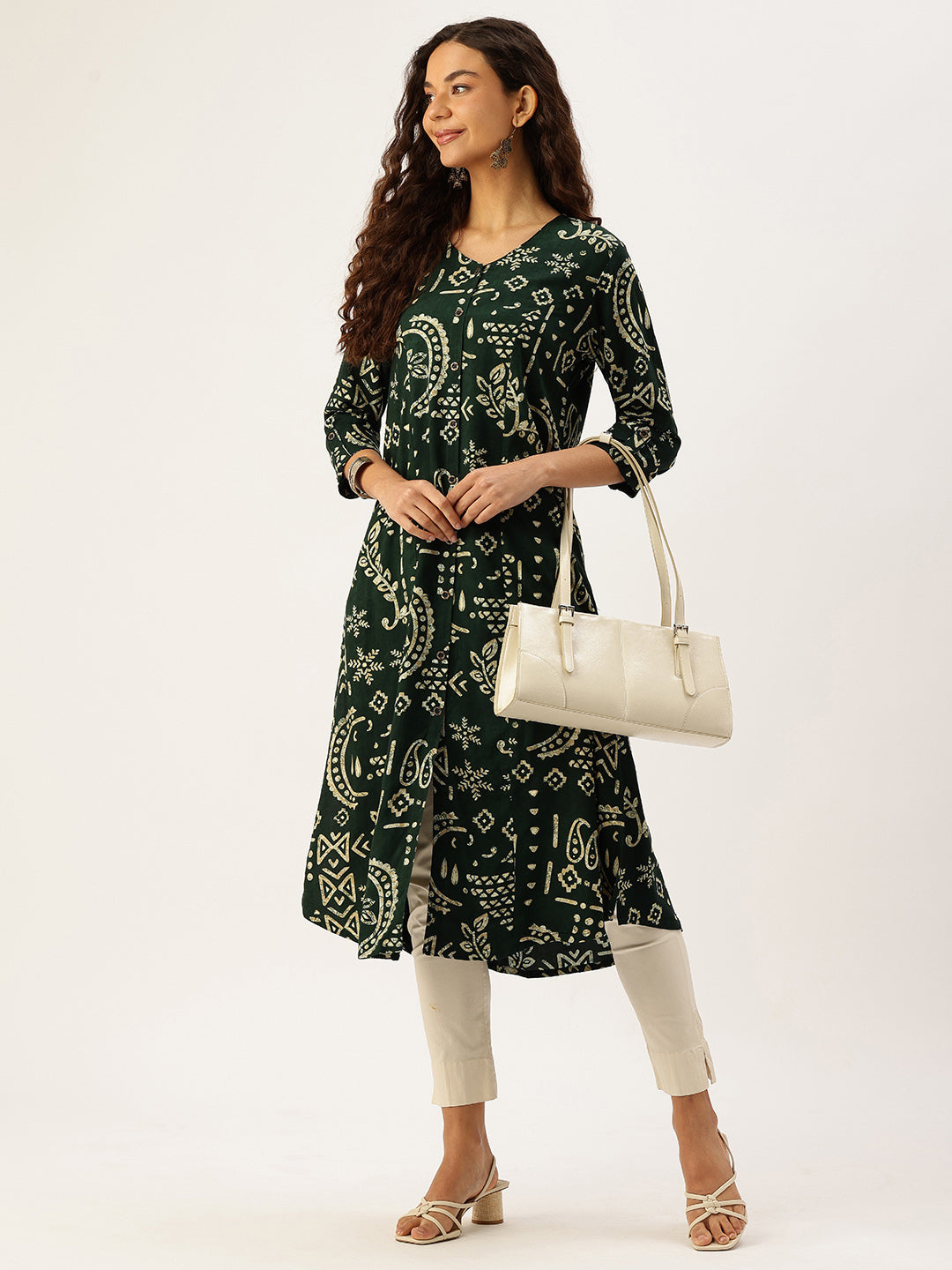 Green Ethnic Motifs Printed A-Line Kurta