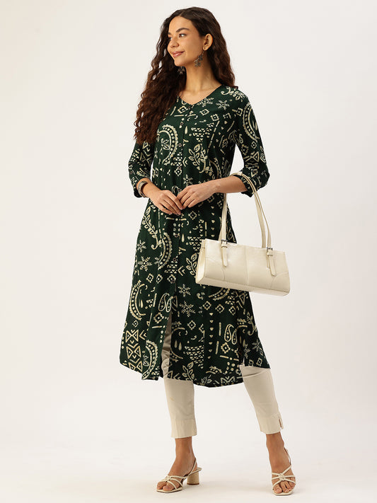 Green Ethnic Motifs Printed A-Line Kurta