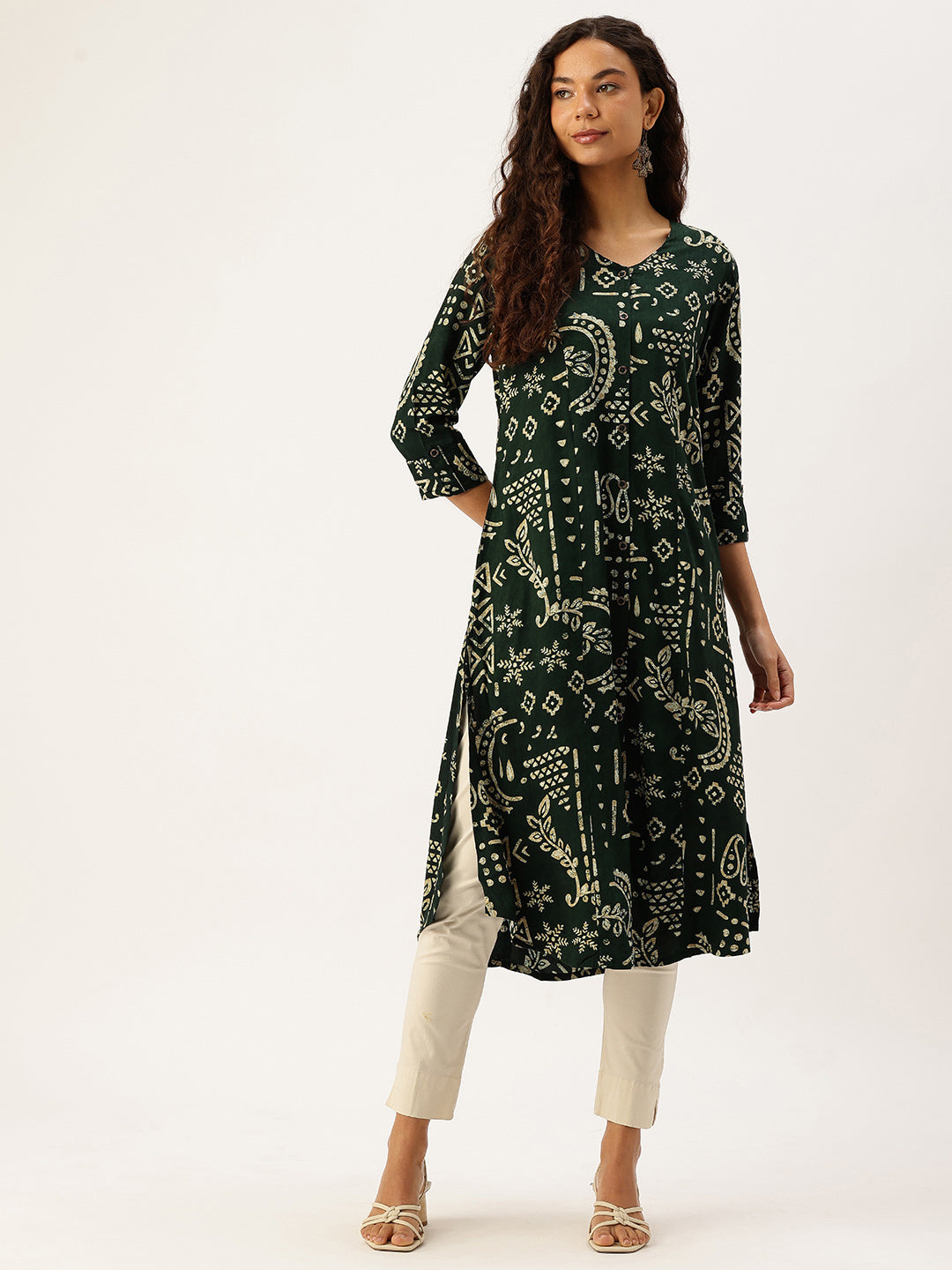 Green Ethnic Motifs Printed A-Line Kurta