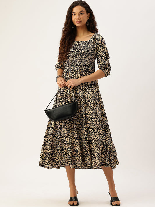 Black Floral Printed Smocked Tiered Fit and Flare Dress
