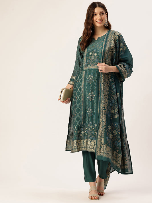 Green Ethnic Motifs Printed Kurta with Trousers & With Dupatta