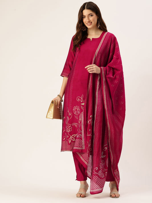 Pink Floral Printed Kurta with Trousers & With Dupatta