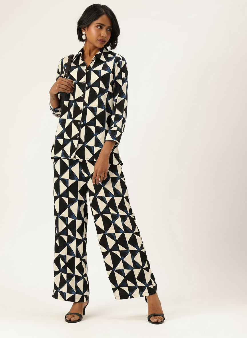 Beige & Blue Geometric Printed Shirt & Palazzos Co-Ords Set, beige color co-ords set, geometric printed set, printed co-ords, shirt and palazzo set, co-ord set, women’s co-ords, two piece set