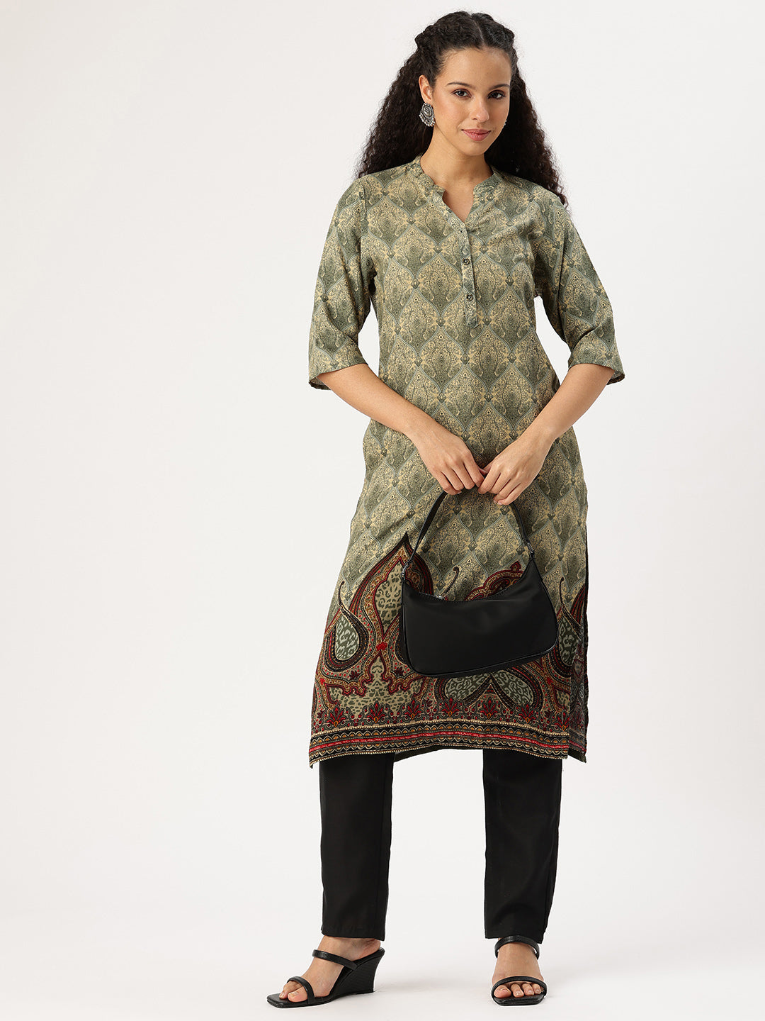 Grey Ethnic Motifs Printed Mandarin Collar Straight Kurta