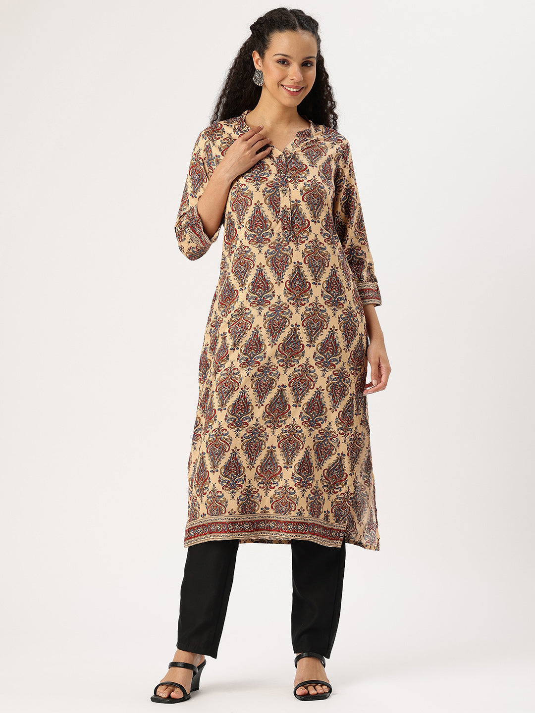 Beige Printed Straight Kurta