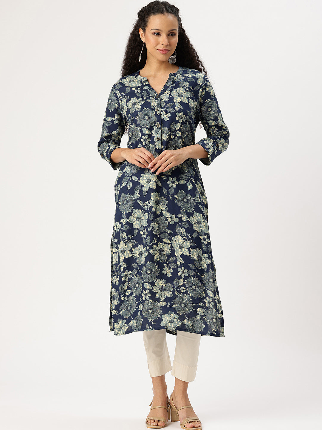 Blue Floral Printed Straight Kurta