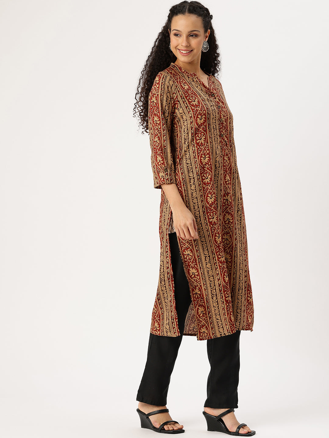Brown Striped Printed Straight Kurta