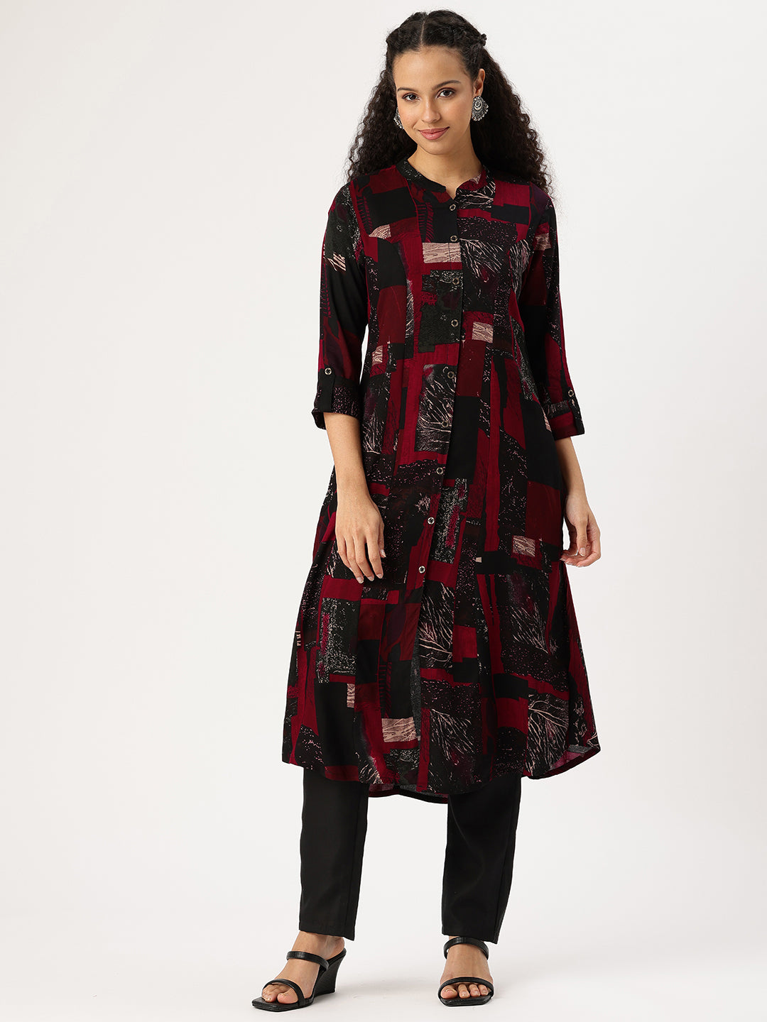 Woman wearing a patterned kurta with black pants on a white background, Red Geometric Printed Kurta, Office Wear Kurta, Black Printed kurta, Printed Kurta