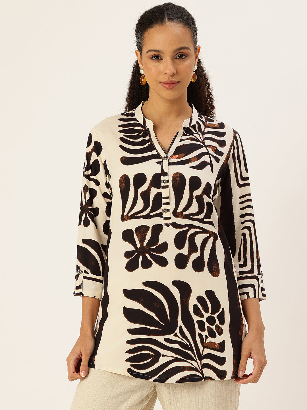 Beige Viscose Rayon Mandarin Collar Printed Tunic, beige tunic, printed tunic, mandarin collar tunic, viscose rayon tunic, Womens tunic top, ethnic tunic, Indian wear, casual wear, office wear, summer wear, printed ethnic wear, beige ethnic top