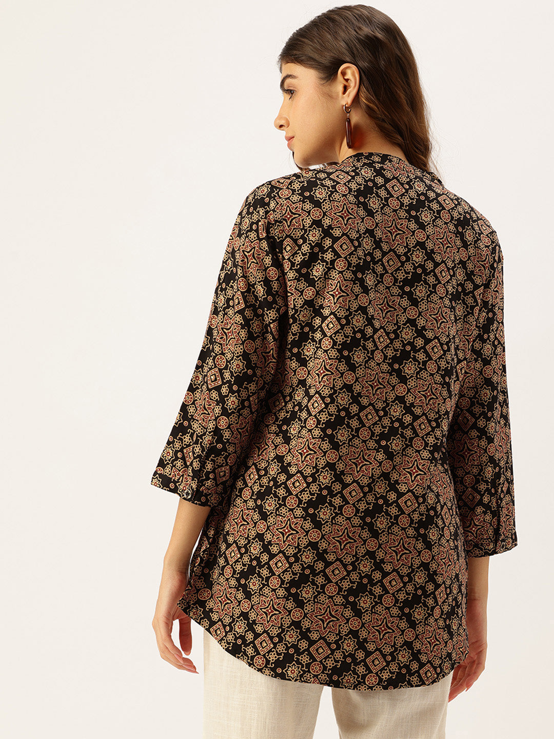 Black Geometric Collar Printed Tunic