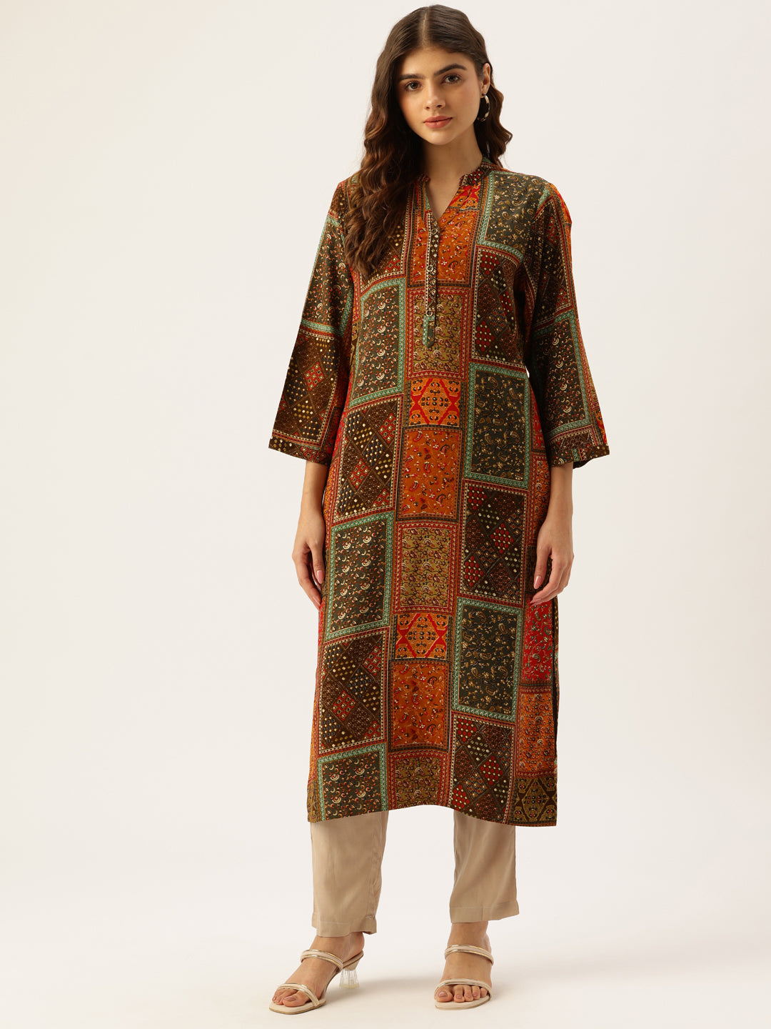 Orange Printed Straight Kurta