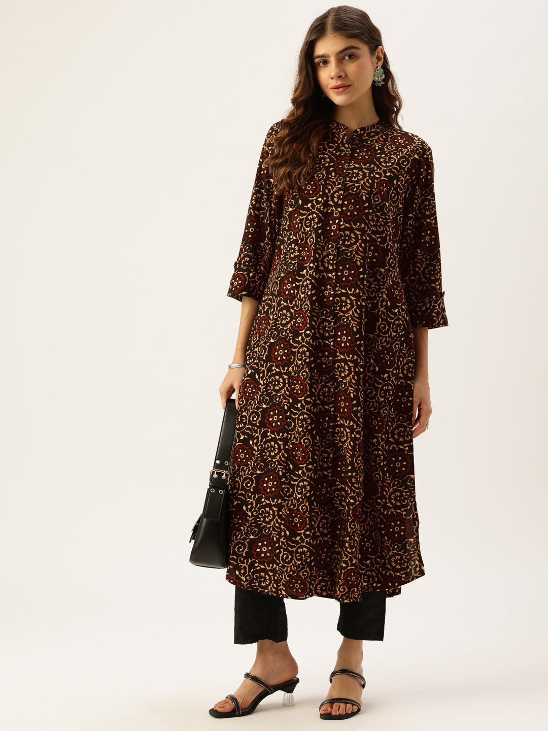 Black Floral Printed Mandarin Collar Straight Kurta