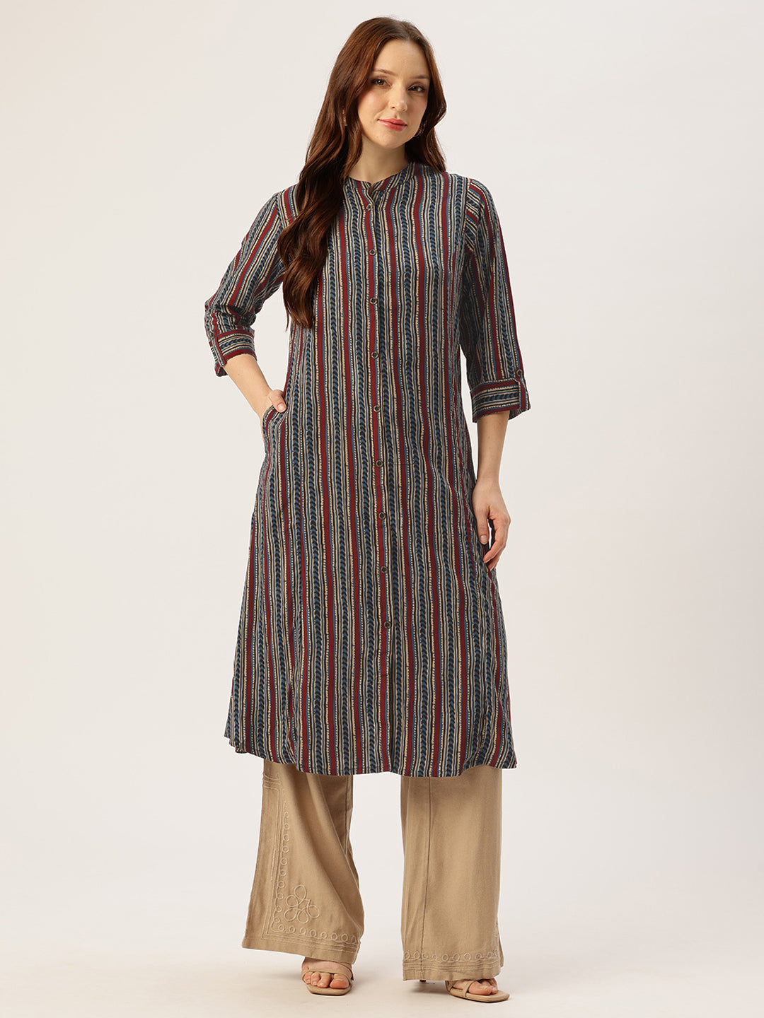Blue Mandarian Collar Striped Printed A - Line Kurta