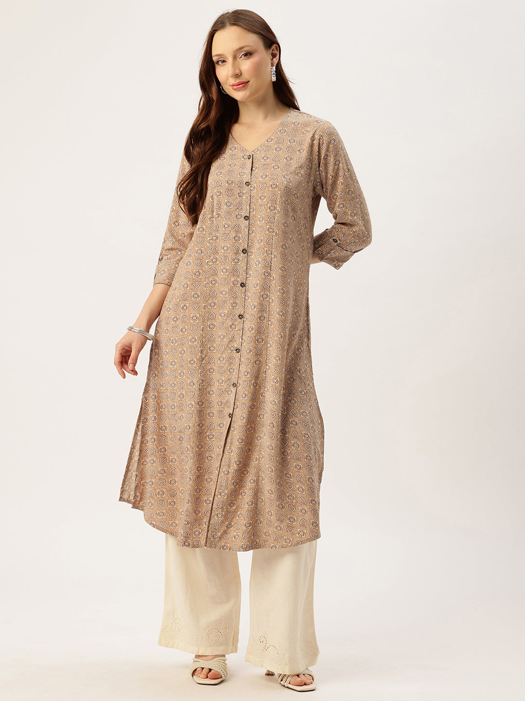 Beige With Black Geometric V - Neck A - Line Kurta