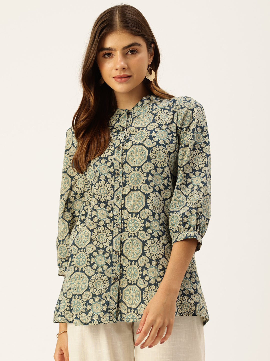 Blue Printed Mandarin Collar Tunic