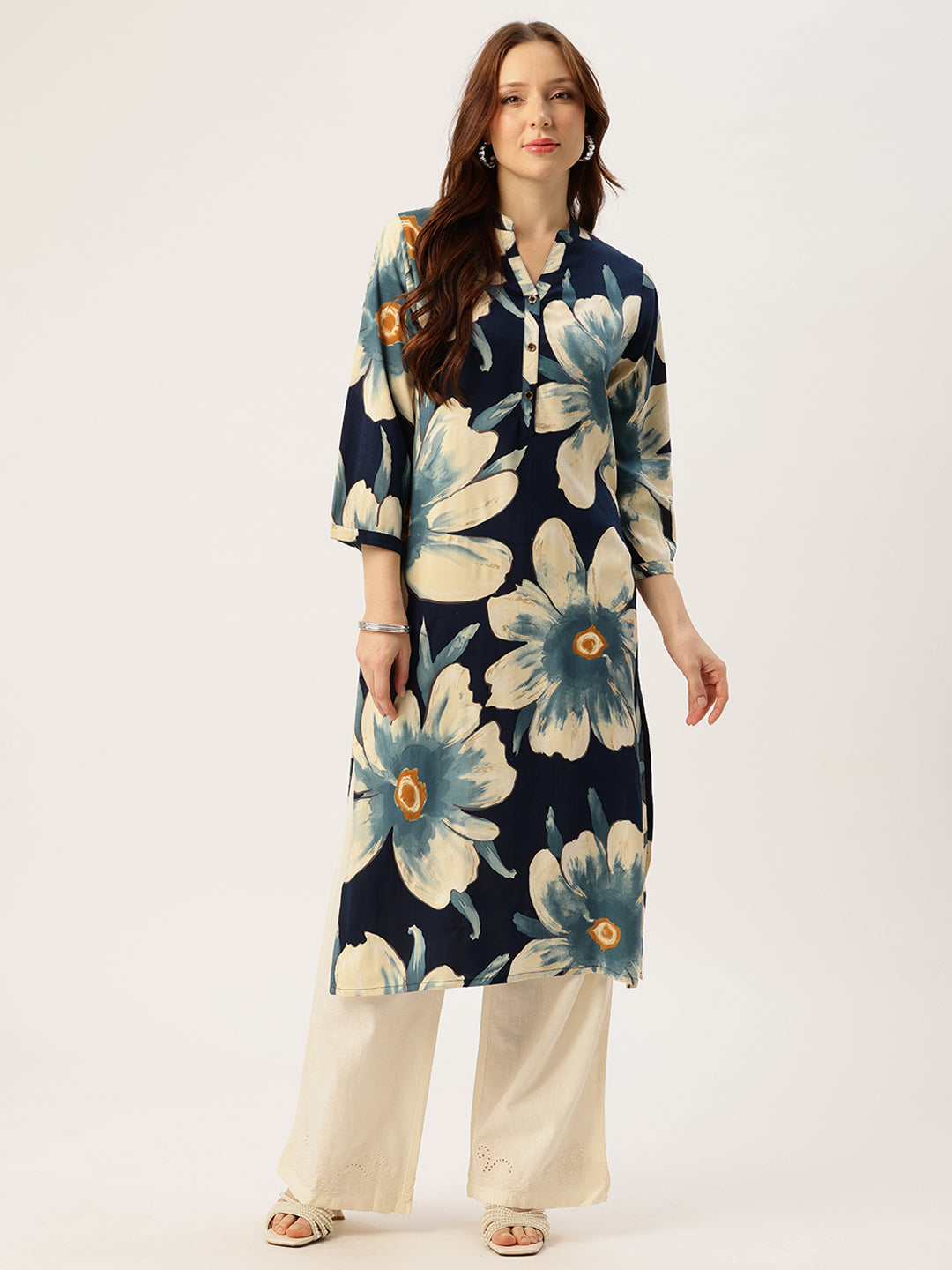Blue With Beige Floral Printed Mandarin Collar Kurta