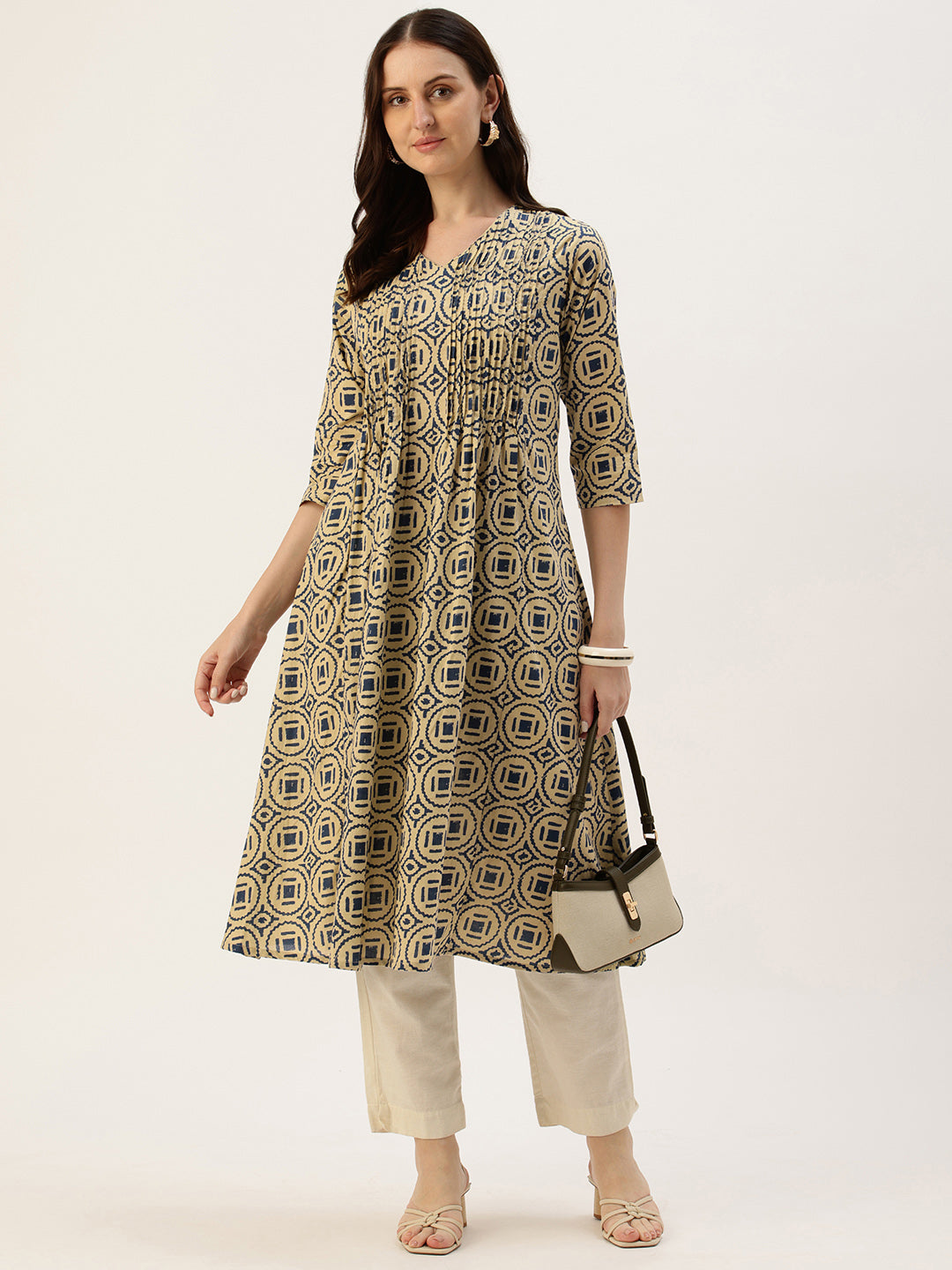 Beige With Blue Geometric Printed Kurta