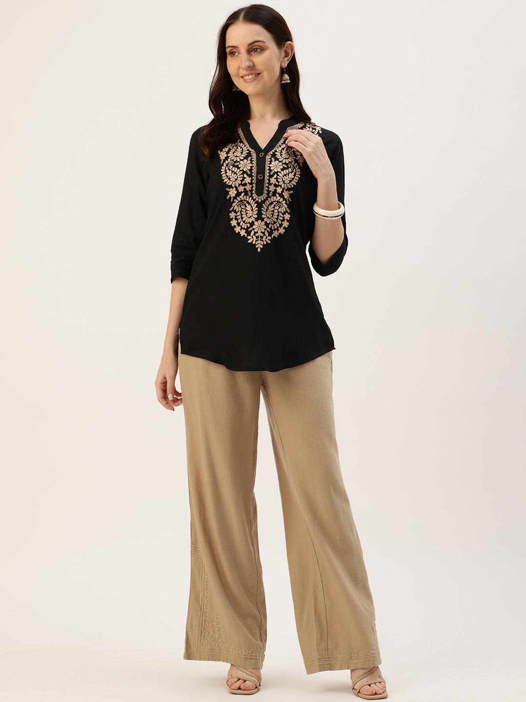 Black With Beige Embroidered Ethnic Tunic