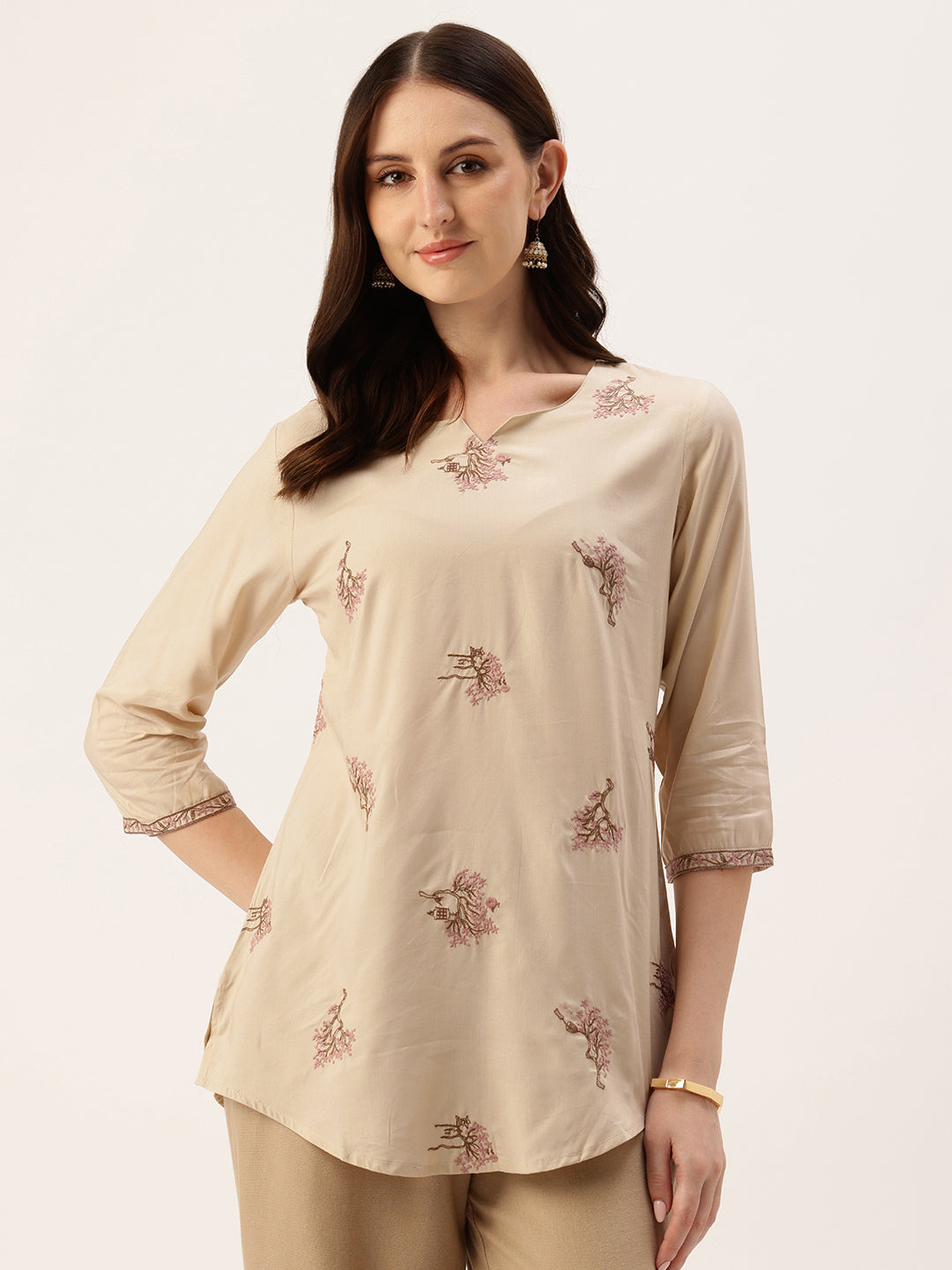 Beige Embroidered Ethnic Tunic
