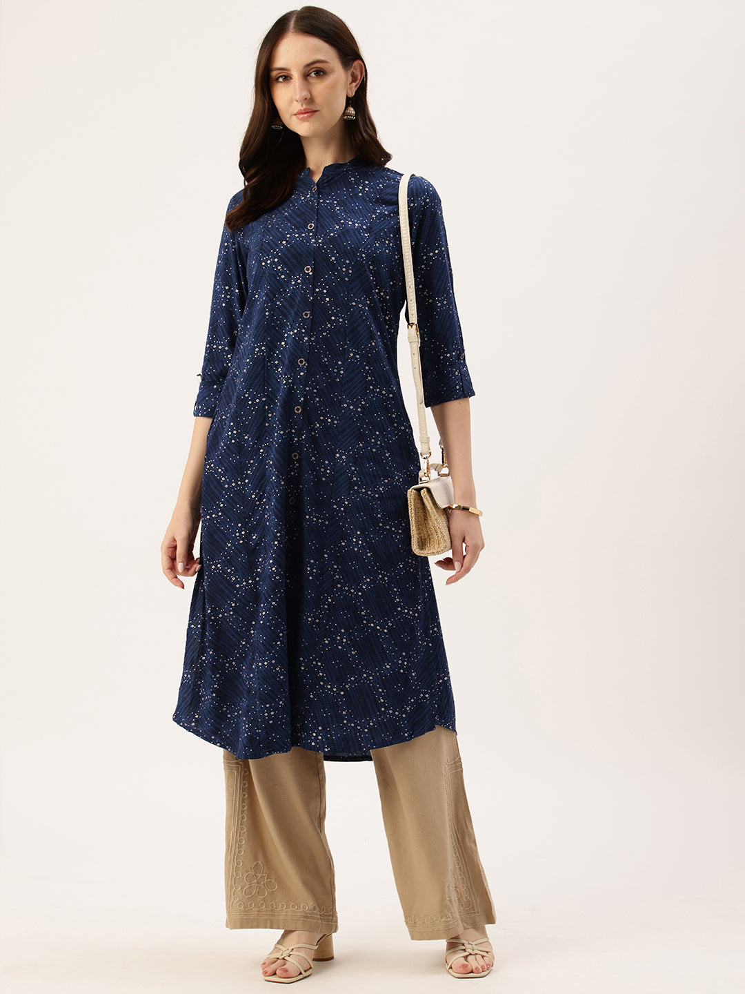 Navy Blue Printed A-Line Kurta